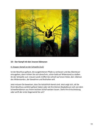 10 – Der Kampf mit den inneren Dämonen

4. Etappe: Kampf an der Schwelle (1v2)

Ist der Beschluss gefasst, die ausgetretenen Pfade zu verlassen und das Abenteuer
einzugehen, dann richten Sie sich darauf ein, schon bald auf Widerstand zu stoßen.
An der Schwelle zum »neuen Land« treffen Sie schnell auf einen Hüter, den »Dämon
des Widerstands«, der bewahren und festhalten will.

Jetzt müssen Sie beweisen, dass Sie tatsächlich bereit sind. Jetzt zeigt sich, ob Sie
Ihren Beschluss wirklich gefasst haben oder ob Ihre kleinen Boykotteure sich von dem
Schwellendämon aus ihrem leichten Schlaf wecken lassen. Steht Ihre Entscheidung
oder wirft der erste Gegenwind Sie um?




                                                                                        11
 