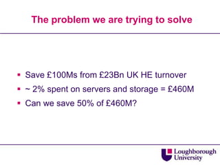 The problem we are trying to solveSave £100Ms from £23Bn UK HE turnover~ 2% spent on servers and storage = £460MCan we save 50% of £460M?