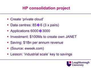 HP consolidation projectCreate ‘private cloud’Data centres: 85    6 (3 x pairs)Applications 6000    3000Investment: $100Ms to create own JANETSaving: $1Bn per annum revenue(Source: eweek.com)Lesson: ‘industrial scale’ key to savings