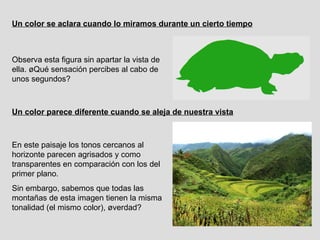 Observa esta figura sin apartar la vista de ella.  ¿Qué sensación percibes al cabo de unos segundos? Un color se aclara cuando lo miramos durante un cierto tiempo Un color parece diferente cuando se aleja de nuestra vista En este paisaje los tonos cercanos al horizonte parecen agrisados y como transparentes en comparación con los del primer plano. Sin embargo, sabemos que todas las montañas de esta imagen tienen la misma tonalidad (el mismo color), ¿verdad?  