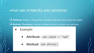 WHAT ARE ATTRIBUTES AND METHODS?
 Attributes (Fields or Properties): Variables that hold data about the object.
 Methods (Functions): Actions or behaviors that an object can perform.
 