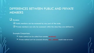 DIFFERENCES BETWEEN PUBLIC AND PRIVATE
MEMBERS
 Access:
 Public members can be accessed by any part of the code.
 Private members can only be accessed within the class they are defined in.
Example Comparison:
 Public method can be called from outside: car.drive()
 Private method can’t be accessed directly: car.__drive() would raise an error.
 