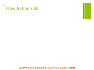 www.relaxedprojectmanager.com
+
Requirements
Stakeholder
Project charter
Planning
Skills
Soil
Strategy
 
