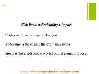 www.relaxedprojectmanager.com
What’s the impact of risks on your project ?
Uniqueness Risk !
Cost
Risk !
Quality
Risk !
Time
Risk !
Scope
Risk !
generate
www.relaxedprojectmanager.com
 