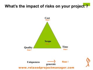 www.relaxedprojectmanager.com
+
Lack of teamwork
 Context: the only time for teamwok is at a meeting – get the
work done but don’t plan the work – don’t take into account the
cultural factor – Understanding : if two people work together
work is slowed down
 Impact : Lack of knowledge and method sharing – Keep the
problem to him/her self. Manager assumes things are fine –
Last minute bad surprise
 Prevention : Reward joint working from the start – move the
ownership of an idea to the staff
 