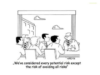 www.relaxedprojectmanager.com
+Hints for risk management ?
• Identify and qualify the risks in groups gathering people with
different backgrounds
• Risk management is an on going process, so you need to put rules
about meetings and outcomes in your project management plan
• Always check if the countermeasures you take are really working
• Risk breakdown structure is useful to build but it’s not a guarantee
for finding all the relevant risks
• Working together with your team on risk management increases
awareness and it’s a way to share responsibility
• Feedback is very important when a risk occurs your reporting
system and your management should encourage feedback
• Concentrate on relevant risk specific to the uniqueness of your
project
www.relaxedprojectmanager.com
 