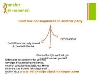 www.relaxedprojectmanager.com
+
Respond
 Consider alternative courses and remedy
Have a plan B for important risks (contingency plan) Install
project buffer (extra time and money)
 Continuously monitor the project‘s main risks!
 RESPOND
 Any feasible action to minimize or eliminate the risk, intensively
involving all available technological, human and organizational
resources
 Reasonable for highly critical solutions!
 