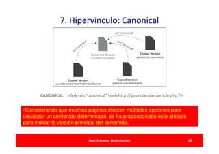 7. Hipervínculo: Canonical




•Considerando que muchas páginas ofrecen múltiples opciones para
visualizar un contenido determinado, se ha proporcionado este atributo
para indicar la versión principal del contenido.


                            Search Engine Optimization                   23
 