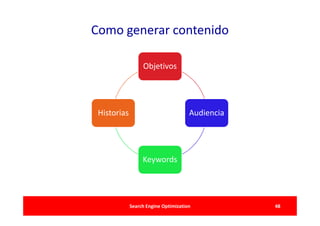 Como generar contenido

                  Objetivos




 Historias                            Audiencia




                  Keywords




             Search Engine Optimization           48
 