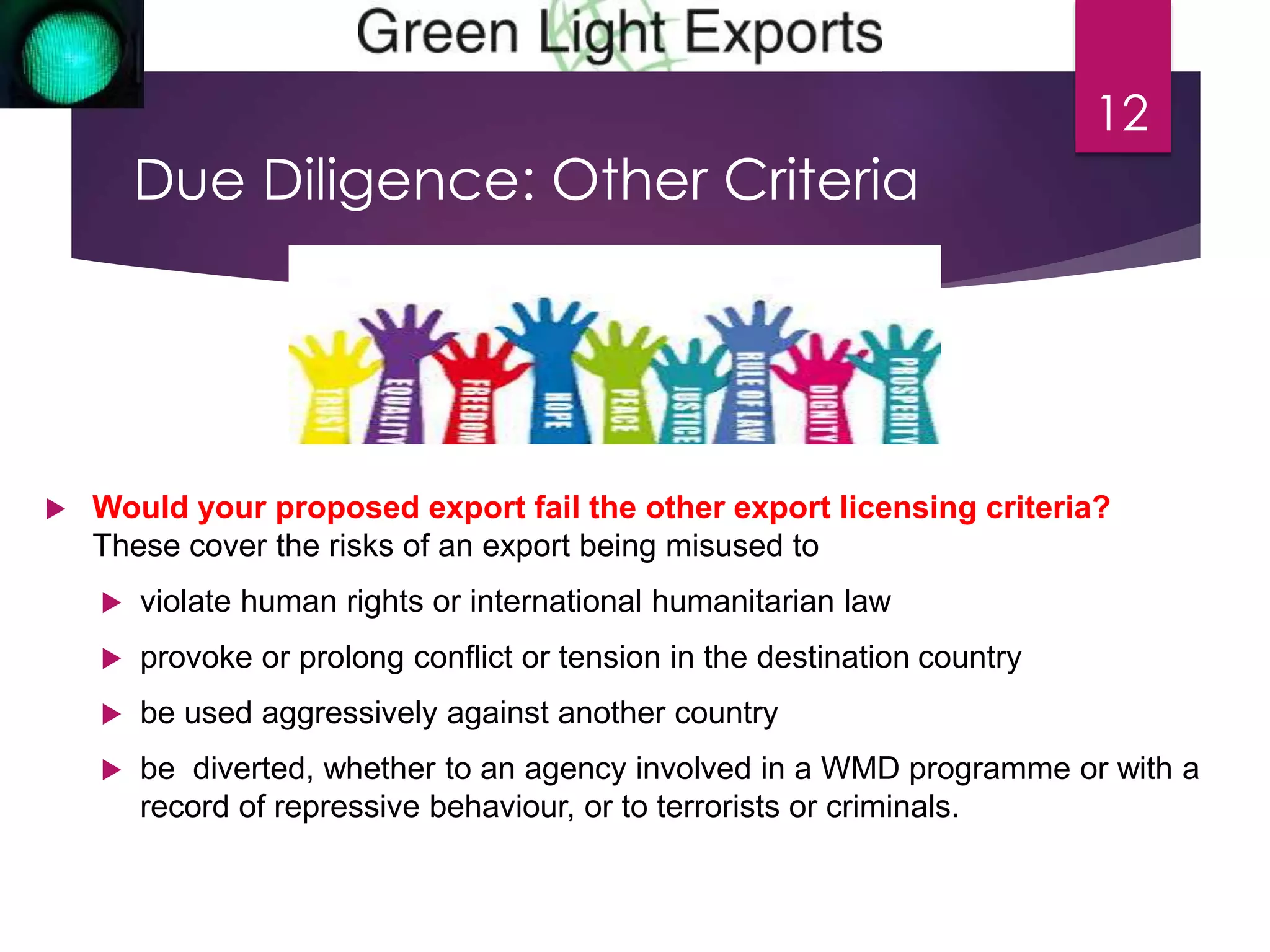 Due Diligence: Other Criteria 
 Would your proposed export fail the other export licensing criteria? 
These cover the risks of an export being misused to 
 violate human rights or international humanitarian law 
 provoke or prolong conflict or tension in the destination country 
 be used aggressively against another country 
 be diverted, whether to an agency involved in a WMD programme or with a 
record of repressive behaviour, or to terrorists or criminals. 
12 
 