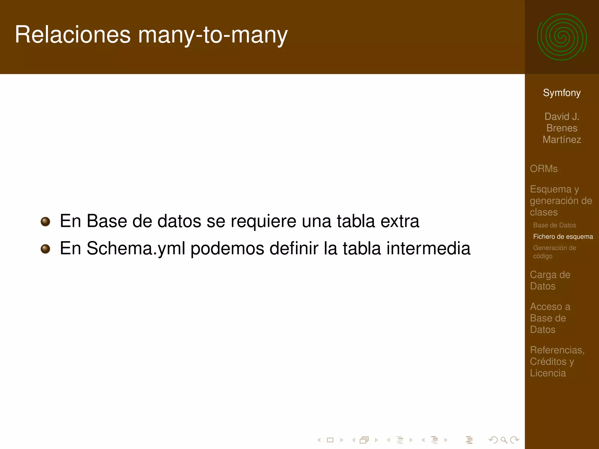 Relaciones many-to-many

                                                        Symfony

                                                        David J.
                                                        Brenes
                                                        Martínez

                                                      ORMs

                                                      Esquema y
                                                      generación de
                                                      clases
   En Base de datos se requiere una tabla extra       Base de Datos
                                                      Fichero de esquema

   En Schema.yml podemos deﬁnir la tabla intermedia   Generación de
                                                      código

                                                      Carga de
                                                      Datos

                                                      Acceso a
                                                      Base de
                                                      Datos

                                                      Referencias,
                                                      Créditos y
                                                      Licencia
 