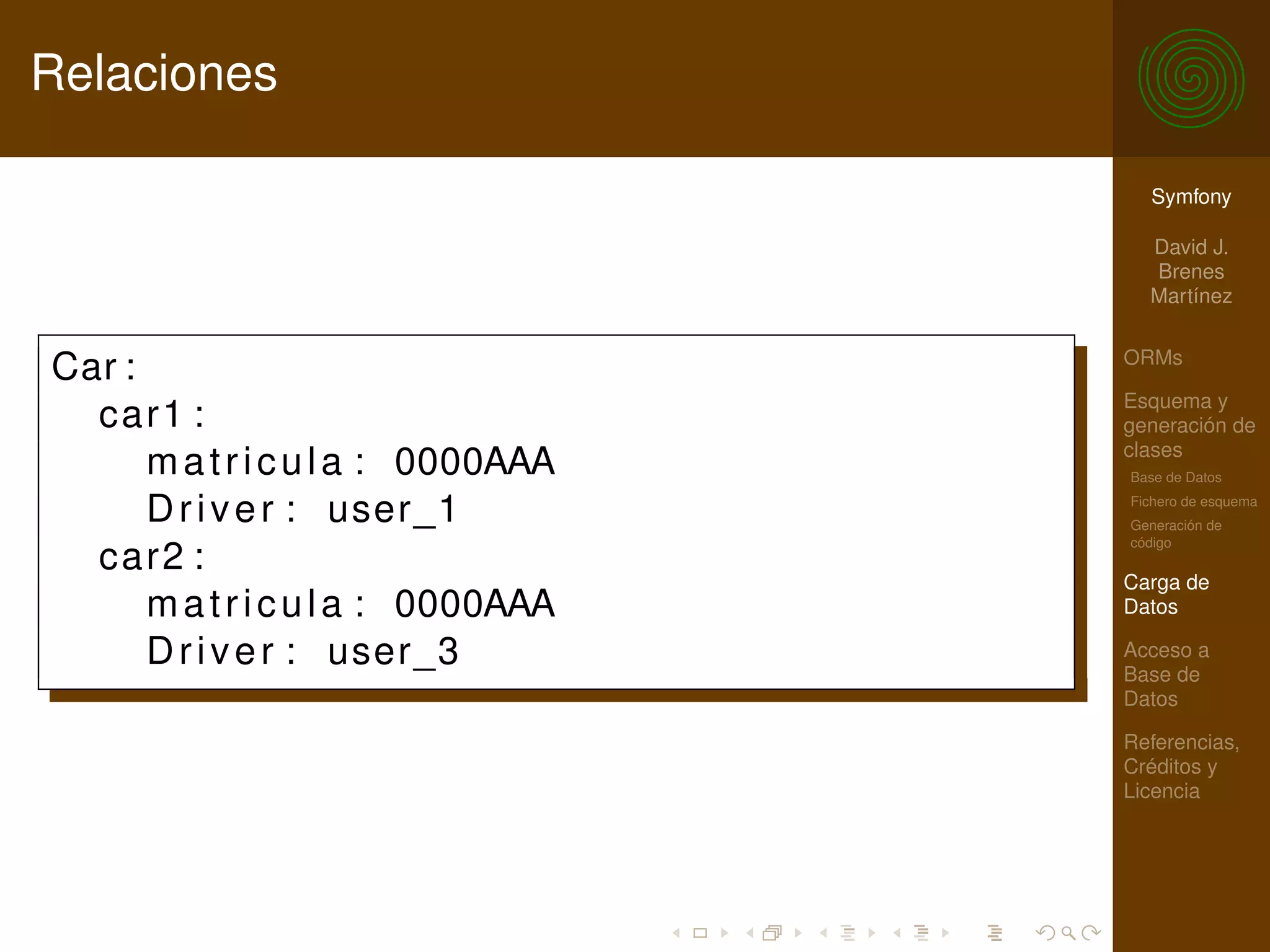 Relaciones

                                      Symfony

                                      David J.
                                      Brenes
                                      Martínez

                                    ORMs
Car :
                                    Esquema y
  car1 :                            generación de
                                    clases
      m a t r i c u l a : 0000AAA   Base de Datos

      D r i v e r : user_1          Fichero de esquema
                                    Generación de
                                    código
  car2 :
                                    Carga de
      m a t r i c u l a : 0000AAA   Datos

      D r i v e r : user_3          Acceso a
                                    Base de
                                    Datos

                                    Referencias,
                                    Créditos y
                                    Licencia
 
