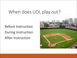 When does UDL play out?
Before Instruction
During Instruction
After Instruction
 