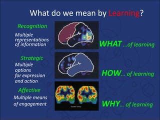 Affective
Strategic
Recognition
Multiple
representations
of information
Multiple
options
for expression
and action
Multiple means
of engagement
What do we mean by Learning?
WHAT …of learning
HOW… of learning
WHY… of learning
 