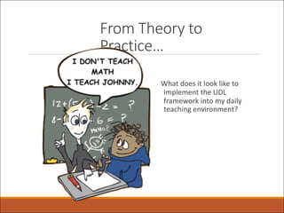 From Theory to
Practice…
What does it look like to
implement the UDL
framework into my daily
teaching environment?
 