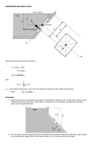 SUBMERGED INCLINED PLANE


                                         Free surface

                water                                      α

                              h     FR
                        hcp

                                                        Centroid

                                                                    ycp
                          Center of pressure                                      y




                              Y




                                                                                                   X


Resultant Force and Center of Pressure
1.




and;




ycp = the distance along the y-axis from the liquid free surface to the center of pressure/
        Note:            hcp = ycp sin α


Examples:
     1. Determine the force (magnitude and point of application) acting on the circular gate located in the
        inclined wall of the open tank shown below. The gate has 2 ft diameter, and the tank contains
        water to the height indicated.


                                         Water


                                                                          5 ft
                                                                                       h




                                                                   FR
                                                                                 45˚

     2. For the system shown below, find the vertical force Q required to keep the rectangular gate closed.
        The uniform gate weighs 5000 N and has a width of 4 m into the plane of the paper.
 