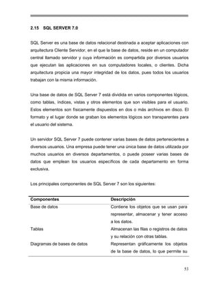 2.15

SQL SERVER 7.0

SQL Server es una base de datos relacional destinada a aceptar aplicaciones con
arquitectura Cliente Servidor, en el que la base de datos, reside en un computador
central llamado servidor y cuya información es compartida por diversos usuarios
que ejecutan las aplicaciones en sus computadores locales, o clientes. Dicha
arquitectura propicia una mayor integridad de los datos, pues todos los usuarios
trabajan con la misma información.

Una base de datos de SQL Server 7 está dividida en varios componentes lógicos,
como tablas, índices, vistas y otros elementos que son visibles para el usuario.
Estos elementos son físicamente dispuestos en dos o más archivos en disco. El
formato y el lugar donde se graban los elementos lógicos son transparentes para
el usuario del sistema.

Un servidor SQL Server 7 puede contener varias bases de datos pertenecientes a
diversos usuarios. Una empresa puede tener una única base de datos utilizada por
muchos usuarios en diversos departamentos, o puede poseer varias bases de
datos que emplean los usuarios específicos de cada departamento en forma
exclusiva.

Los principales componentes de SQL Server 7 son los siguientes:

Componentes

Descripción

Base de datos

Contiene los objetos que se usan para
representar, almacenar y tener acceso
a los datos.

Tablas

Almacenan las filas o registros de datos
y su relación con otras tablas.

Diagramas de bases de datos

Representan gráficamente los objetos
de la base de datos, lo que permite su

53

 