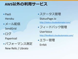 AWS以外の利用サービス 
• PaaS 
Heroku 
• メール配信 
SendGrid 
• ログ 
Papertrail 
• パフォーマンス測定 
New Relic / Librato 
• ステータス管理 
StatusPage.io 
http://status.cloudautomator.com/ 
• フィードバック管理 
UserVoice 
http://feedback.cloudautomator.com/ 
• エラー管理 
Errbit 
 
