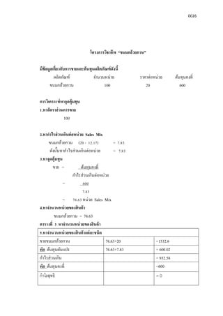 0026
โครงการวิชาชีพ “ขนมกล้วยกวน”
มีข้อมูลเกียวกับการขายและต้นทุนผลิตภัณฑ์ดังนี
ผลิตภัณฑ์ จํานวนหน่าย ราคาต่อหน่วย ต้นทุนคงที
ขนมกล้วยกวน 100 20 600
การวิเคราะห์หาจุดคุ้มทุน
1.หาอัตราส่วนการขาย
100
2.หากําไรส่วนเกินต่อหน่วย Sales Mix
ขนมกล้วยกวน (20 - 12.17) = 7.83
ดังนันหากําไรส่วนเกินต่อหน่วย = 7.83
3.หาจุดคุ้มทุน
ขาย = ต้นทุนคงที
กําไรส่วนเกินต่อหน่วย
= 600
7.83
= 76.63 หน่วย Sales Mix
4.หาจํานวนหน่วยของสินค้า
ขนมกล้วยกวน = 76.63
ตารางที 3 หาจํานวนหน่วยของสินค้า
5.หาจํานวนหน่วยของสินค้าแต่ละชนิด
ขายขนมกล้วยกวน 76.63×20 =1532.6
หัก ต้นทุนผันแปร 76.63×7.83 = 600.02
กําไรส่วนเกิน = 932.58
หัก ต้นทุนคงที =600
กําไรสุทธิ = 0
 