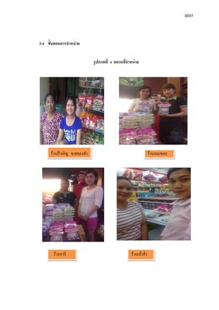 0037
3.4 ขันตอนการจําหน่าย
รูปภาพที 4 สถานทีจําหน่าย
ร้านป้ าเอิญ ขายของชํา ร้านอเมซอล
ร้านอารี ร้านเจ้าสัว
 
