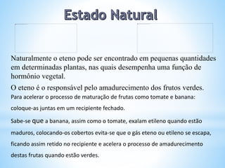 Naturalmente o eteno pode ser encontrado em pequenas quantidades
em determinadas plantas, nas quais desempenha uma função de
hormônio vegetal.
O eteno é o responsável pelo amadurecimento dos frutos verdes.
Para acelerar o processo de maturação de frutas como tomate e banana:
coloque-as juntas em um recipiente fechado.
Sabe-se que a banana, assim como o tomate, exalam etileno quando estão
maduros, colocando-os cobertos evita-se que o gás eteno ou etileno se escapa,
ficando assim retido no recipiente e acelera o processo de amadurecimento
destas frutas quando estão verdes.
 