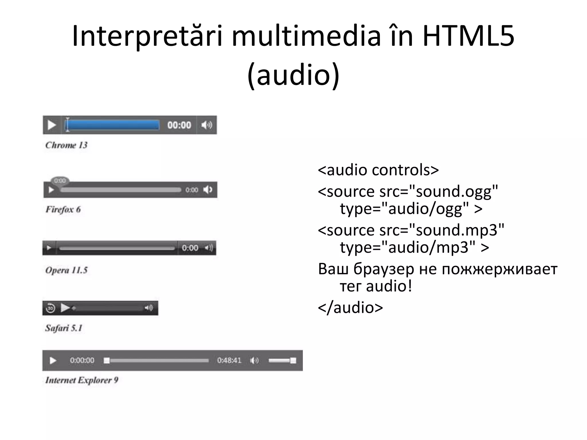 Interpretări multimedia în HTML5
(audio)
<audio controls>
<source src="sound.ogg"
type="audio/ogg" >
<source src="sound.mp3"
type="audio/mp3" >
Ваш браузер не пожжерживает
тег audio!
</audio>
 