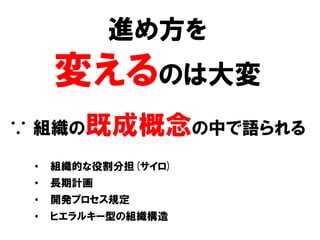 ∵ 組織の既成概念の中で語られる
• 組織的な役割分担(サイロ)
• 長期計画
• 開発プロセス規定
• ヒエラルキー型の組織構造
進め方を
変えるのは大変
 