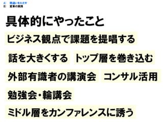 具体的にやったこと
ミドル層をカンファレンスに誘う
トップ層を巻き込む
ビジネス観点で課題を提唱する
話を大きくする
外部有識者の講演会
勉強会・輪講会
コンサル活用
A) 間違いをただす
B) 変革の実践
 