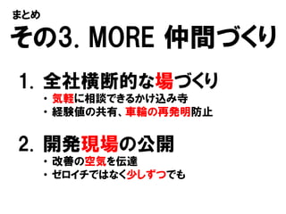 その3. MORE 仲間づくり
1. 全社横断的な場づくり
・ 気軽に相談できるかけ込み寺
・ 経験値の共有、車輪の再発明防止
2. 開発現場の公開
・ 改善の空気を伝達
・ ゼロイチではなく少しずつでも
まとめ
 