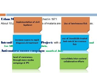 Urban Malaria Scheme - launched in 1971
About 10 per cent of the total cases of malaria are reported from urban areas.
Intensified Malaria Control Project: with assistance from Global Fund
forAIDS, Tuberculosis and Malaria.
Anti-malaria month campaign: month of June
 
