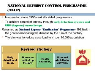NATIONAL LEPROSY CONTROL PROGRAMME
(NLCP)
 In operation since 1955(centrally aided programme)
 To achieve control of leprosy through early detection of cases and
DDS (dapsone) monotherapy.
Renamed as National Leprosy "Eradication"Programme (1983)with
the goal of eradicating the disease by the turn of the century.
 The aim was to reduce case load to ≤1 per 10,000 population.
 