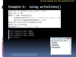 Example-3: using writelines()
VINOD KUMAR VERMA, PGT(CS), KV OEF KANPUR &
SACHIN BHARDWAJ, PGT(CS), KV NO.1 TEZPUR
for more updates visit: www.python4csip.com
 