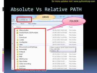 Absolute Vs Relative PATH
DRIVE
FOLDER
VINOD KUMAR VERMA, PGT(CS), KV OEF KANPUR &
SACHIN BHARDWAJ, PGT(CS), KV NO.1 TEZPUR
for more updates visit: www.python4csip.com
 