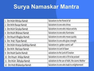 Surya Namaskar Mantra
1. OṃHrāṁMitrāyaNamaḥ Salutationstothefriendofall
2. OṃHrīṁRavayeNamaḥ Salutationstoonewhoshines
3. OṃHrūṁSūryāyaNamaḥ Salutationstoonewhoinduceactivity
4. OṃHraiṁBhānaveNamaḥ Salutationstoonewhoilluminates
5. OṃHrauṁKhagāyaNamaḥ Salutationstoonewhomovesquickly
6. Oṃ Hraḥ PūṣṇeNamaḥ Salutationstoonewhogivesstrength
7. OṃHrāṁHiraṇyaGarbhāyaNamaḥ Salutationsto golden cosmicself
8. OṃHrīṁ MarīcayeNamaḥ SalutationstoLordofdawn
9. OṃHraiṁSavitreNamaḥ salutationstotheLordofCreation
10. OṃHrauṁ ArkāyaNamaḥ Salutationstoonewhoisfittobepraised
11. OṃHrūṁ ĀdityāyaNamaḥ salutationstothesonofAditi,thecosmicMother
12. OṃHraḥBhāskarāyaNamaḥ Salutationstoonewholeadstoenlightenment
 