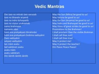 Vedic Mantras
Oṃ śaṃ no mitraḥ śaṃ varuṇaḥ
śaṃ no bhavatv aryamā
śaṃ na indro bṛhaspatiḥ
śaṃ no viṣṇur urukramaḥ
namo brahmaṇe
namaste vāyo
tvam eva pratyakṣaṃ bhrahmāsi
tvām eva pratyakṣam brahma vadiṣyāmi
ṝtaṃ vadiṣyāmi
satyaṃ vadiṣyāmi
tan mām avatu
tad vaktāram avatu
avatu mām
avatu vaktāram
Oṃ śāntiḥ śāntiḥ śāntiḥ
May the Sun (Mitra) be good to us!
May Varuna be good to us!
May the Sun (Aryama) be good to us!
May Indra and Brahaspati be good to us!
May Visnu of great strides be good to us!
Prostrations to the Brahman!
I shall proclaim thee the visible Brahman
I shall call thee Just!
I shall call thee true!
May It protect me!
May It protect the teacher!
Om Peace Peace Peace!
 