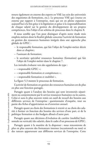 LES EMPLOIS-MÉTIERS DU DOMAINE EMPLOI
93
©
Dunod
–
La
photocopie
non
autorisée
est
un
délit
trouve également en externe des experts en VAE (au sein des universités
des organismes de formations, etc.). Le processus VAE qui s’exerce en
externe par rapport à l’entreprise, mais qui est en pleine expansion
aujourd’hui à la fois grâce à la législation et grâce à la responsabilisation
de chaque salarié sur la gestion du développement de ses propres
compétences, fera l’objet d’un schéma de processus dans le chapitre 8.
Il nous semble que l’on peut distinguer d’après notre étude trois
emplois-métiers dont la finalité globale concerne l’activité de formation
en gestion des ressources humaines intégrée dans une approche plus
globale de GPEC :
– le responsable formation, qui fait l’objet de l’emploi-métier décrit
dans ce chapitre;
– l’assistant de formation;
– le secrétaire spécialisé ressources humaines (formation) qui fait
l’objet de l’emploi-métier dans le chapitre 7.
Les intitulés évoluent vers des appelations de type :
– « responsable GPEC »;
– « responsable formation et compétences »;
– « responsable formation et mobilité ».
La figure 5.3 montre le processus de formation.
L’activité de formation en gestion des ressources humaines est de plus
en plus une fonction partagée.
Partagée quant à l’analyse des besoins qui sont inventoriés séparé-
ment ou conjointement par le service ressources humaines ou les autres.
Celui-ci aura le plus souvent remis un outil de recueil des besoins aux
différents services de l’entreprise : questionnaire d’enquête, tout ou
partie des fiches d’appréciation ou d’entretien annuel.
Partagée quant au choix des formations à retenir et au choix des sala-
riés à former en fonction des besoins des services d’une part, et de la
politique formation et des budgets alloués d’autre part.
Partagée quant aux décisions d’évolution de carrière (mobilité hori-
zontale ou verticale) des salariés, dans le cadre d’un processus de GPEC.
Partagée quant à la manière de la dispenser : nous rencontrons de
plus en plus souvent des formateurs internes (occasionnels ou non) et
des tuteurs appartenant aux différents services de l’entreprise. Cette
 