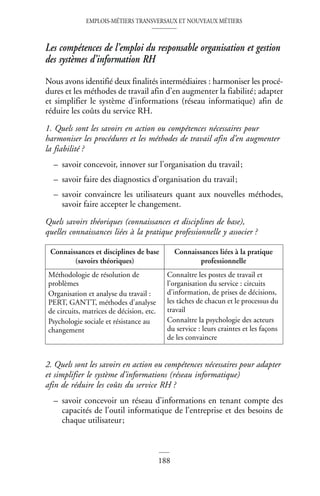 EMPLOIS-MÉTIERS TRANSVERSAUX ET NOUVEAUX MÉTIERS
188
Les compétences de l’emploi du responsable organisation et gestion
des systèmes d’information RH
Nous avons identifié deux finalités intermédiaires : harmoniser les procé-
dures et les méthodes de travail afin d’en augmenter la fiabilité; adapter
et simplifier le système d’informations (réseau informatique) afin de
réduire les coûts du service RH.
1. Quels sont les savoirs en action ou compétences nécessaires pour
harmoniser les procédures et les méthodes de travail afin d’en augmenter
la fiabilité ?
– savoir concevoir, innover sur l’organisation du travail;
– savoir faire des diagnostics d’organisation du travail;
– savoir convaincre les utilisateurs quant aux nouvelles méthodes,
savoir faire accepter le changement.
Quels savoirs théoriques (connaissances et disciplines de base),
quelles connaissances liées à la pratique professionnelle y associer ?
2. Quels sont les savoirs en action ou compétences nécessaires pour adapter
et simplifier le système d’informations (réseau informatique)
afin de réduire les coûts du service RH ?
– savoir concevoir un réseau d’informations en tenant compte des
capacités de l’outil informatique de l’entreprise et des besoins de
chaque utilisateur;
Connaissances et disciplines de base
(savoirs théoriques)
Connaissances liées à la pratique
professionnelle
Méthodologie de résolution de
problèmes
Organisation et analyse du travail :
PERT, GANTT, méthodes d’analyse
de circuits, matrices de décision, etc.
Psychologie sociale et résistance au
changement
Connaître les postes de travail et
l’organisation du service : circuits
d’information, de prises de décisions,
les tâches de chacun et le processus du
travail
Connaître la psychologie des acteurs
du service : leurs craintes et les façons
de les convaincre
 