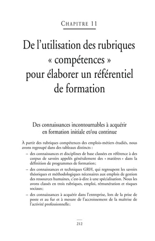 212
CHAP IT RE 11
De l’utilisation des rubriques
« compétences »
pour élaborer un référentiel
de formation De l’utilisation des rubriques « compétences »
pour élaborer un référentiel…
Des connaissances incontournables à acquérir
en formation initiale et/ou continue
À partir des rubriques compétences des emplois-métiers étudiés, nous
avons regroupé dans des tableaux distincts :
– des connaissances et disciplines de base classées en référence à des
corpus de savoirs appelés généralement des « matières » dans la
définition de programmes de formation;
– des connaissances et techniques GRH, qui regroupent les savoirs
théoriques et méthodologiques nécessaires aux emplois de gestion
des ressources humaines, c’est-à-dire à une spécialisation. Nous les
avons classés en trois rubriques, emploi, rémunération et risques
sociaux;
– des connaissances à acquérir dans l’entreprise, lors de la prise de
poste et au fur et à mesure de l’accroissement de la maîtrise de
l’activité professionnelle;
 