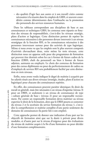 DE L’UTILISATION DES RUBRIQUES « COMPÉTENCES » POUR ÉLABORER UN RÉFÉRENTIEL…
213
©
Dunod
–
La
photocopie
non
autorisée
est
un
délit
– des qualités (l’agir face aux autres et à son travail) citées comme
nécessaires à la réussite dans les emplois de GRH, et souvent consi-
dérées comme déterminantes dans l’embauche ou la promotion
des personnels des services ressources humaines.
Dans les tableaux correspondant aux disciplines de base et aux
connaissances et techniques GRH, les contenus sont répartis en fonc-
tion des niveaux de responsabilités, c’est-à-dire les niveaux stratégie,
plans d’action et logistique. Cette distinction permet de repérer les
connaissances nécessaires à des personnes devant intervenir à un niveau
stratégique de la fonction RH, et les connaissances nécessaires à des
personnes intervenant surtout pour des activités de type logistique.
Même si nous avons vu que les emplois sont le plus souvent composés
d’activités chevauchant deux, voire même les trois niveaux, cette
distinction nous est apparue utile pour des programmes de formation
qui peuvent être destinés selon les cas à former de futurs cadres de la
fonction (DRH, chefs du personnel) ou bien à former de futurs
adjoints, assistants ou employés. Le choix des contenus de formation
pour des cursus diplômants ou pour du perfectionnement de cadres ou
d’employés de services RH sera probablement facilité par cette distinc-
tion en trois niveaux.
Enfin, nous avons voulu indiquer le degré de maîtrise à acquérir par
les salariés situés aux divers niveaux (stratégie, études, plans d’action ou
logistique) pour chacune des connaissances repérées.
En effet, des connaissances peuvent paraître identiques (le droit du
travail en général), mais être nécessaires à un niveau d’expertise (niveau 3)
pour un DRH, et seulement à un niveau de connaissance de type
« culture générale de base » (niveau 2) pour un responsable recrute-
ment. Par contre un responsable formation devra maîtriser au niveau
expertise le droit de la formation, alors que le DRH pourra se contenter
du niveau 2 et la secrétaire du service formation du niveau 1, c’est-à-
dire la compréhension et maîtrise complète d’une partie seulement du
domaine de connaissances (la partie liée à son emploi).
Cette approche permet de donner une indication d’une part sur les
objectifs de formation ainsi que sur la durée à prévoir pour divers
modules, et d’autre part sur le niveau d’exigence pour des évaluations
du niveau de maîtrise acquis à la fin d’une formation ou pour décider
d’une formation complémentaire.
 