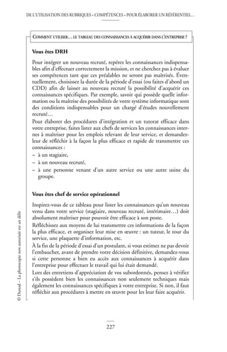 DE L’UTILISATION DES RUBRIQUES « COMPÉTENCES » POUR ÉLABORER UN RÉFÉRENTIEL…
227
©
Dunod
–
La
photocopie
non
autorisée
est
un
délit
Vous êtes DRH
Pour intégrer un nouveau recruté, repérez les connaissances indispensa-
bles afin d’effectuer correctement la mission, et ne cherchez pas à évaluer
ses compétences tant que ces préalables ne seront pas maîtrisés. Éven-
tuellement, choisissez la durée de la période d’essai (ou faites d’abord un
CDD) afin de laisser au nouveau recruté la possibilité d’acquérir ces
connaissances spécifiques. Par exemple, savoir qui possède quelle infor-
mation ou la maîtrise des possibilités de votre système informatique sont
des conditions indispensables pour un chargé d’études nouvellement
recruté…
Pour élaborer des procédures d’intégration et un tutorat efficace dans
votre entreprise, faites lister aux chefs de services les connaissances inter-
nes à maîtriser pour les emplois relevant de leur service, et demandez-
leur de réfléchir à la façon la plus efficace et rapide de transmettre ces
connaissances :
– à un stagiaire,
– à un nouveau recruté,
– à une personne venant d’un autre service ou une autre usine du
groupe.
Vous êtes chef de service opérationnel
Inspirez-vous de ce tableau pour lister les connaissances qu’un nouveau
venu dans votre service (stagiaire, nouveau recruté, intérimaire…) doit
absolument maîtriser pour pouvoir être efficace à son poste.
Réfléchissez aux moyens de lui transmettre ces informations de la façon
la plus efficace, et organisez leur mise en œuvre : un tuteur, le tour du
service, une plaquette d’information, etc.
À la fin de la période d’essai d’un postulant, si vous estimez ne pas devoir
l’embaucher, avant de prendre votre décision définitive, demandez-vous
si cette personne a bien eu accès aux connaissances à acquérir dans
l’entreprise pour effectuer le travail qui lui était demandé.
Lors des entretiens d’appréciation de vos subordonnés, pensez à vérifier
s’ils possèdent bien les connaissances non seulement techniques mais
également les connaissances spécifiques à votre entreprise. Si non, il faut
réfléchir aux procédures à mettre en œuvre pour les leur faire acquérir.
COMMENT UTILISER…LE TABLEAU DES CONNAISSANCES À ACQUÉRIR DANS L’ENTREPRISE ?
 