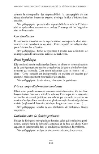 COMMENT PASSER DES COMPÉTENCES DE L’EMPLOI À UN RÉFÉRENTIEL DE FORMATION ?
238
comme la cartographie des responsabilités, la cartographie de son
réseau de relations interne et externe, ainsi que les flux d’informations
associés.
Idées pédagogiques : prendre des responsabilités au sein de l’Univer-
sité, se repérer dans ses structures, ou lors d’un stage décrire l’organisa-
tion de l’entreprise.
Conceptualisation
Il faut savoir travailler sur la représentation conceptuelle d’un objet
concret en se détachant de cet objet. Cette capacité est indispensable
pour élaborer des scénarios.
Idées pédagogiques : fiches de synthèses d’articles avec définitions de
concepts, jeux de simulation, activités de recherche.
Pensée hypothétique
Elle consiste à savoir enchaîner les faits ou les objets en termes de causes
et de conséquences, en matière de recherche de causes de dysfonction-
nements par exemple. C’est savoir raisonner dans les termes « si …
alors ». Cette capacité est indispensable en matière de sécurité par
exemple, mais également pour réaliser des études.
Idées pédagogiques : études de cas, résolution de problèmes.
Prise en compte d’informations simultanées
Il faut savoir prendre en compte au moins deux informations à la fois dont
la combinaison donnera la voie de la solution. Cette capacité est nécessaire
en matière de conseil juridique aux salariés par exemple ou encore en
matière d’analyse d’une situation sous plusieurs angles lors de négociations
sociales (angles social, financier, juridique, long terme, court terme…).
Idées pédagogiques : études de cas, résolutions de problèmes, études
ou projets.
Distinction entre des données pertinentes
Il s’agit de distinguer, entre plusieurs données, celles qui sont les plus perti-
nentes, compte tenu de l’objectif à atteindre et de faire des choix. Cette
capacité est indispensable dans les conduites de résolution de problème.
Idées pédagogiques : analyse de documents, résumé, étude de cas.
 