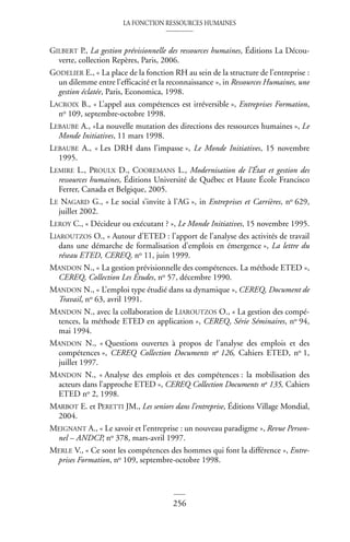 LA FONCTION RESSOURCES HUMAINES
256
GILBERT P., La gestion prévisionnelle des ressources humaines, Éditions La Décou-
verte, collection Repères, Paris, 2006.
GODELIER E., « La place de la fonction RH au sein de la structure de l’entreprise :
un dilemme entre l’efficacité et la reconnaissance », in Ressources Humaines, une
gestion éclatée, Paris, Economica, 1998.
LACROIX B., « L’appel aux compétences est irréversible », Entreprises Formation,
no 109, septembre-octobre 1998.
LEBAUBE A., «La nouvelle mutation des directions des ressources humaines », Le
Monde Initiatives, 11 mars 1998.
LEBAUBE A., « Les DRH dans l’impasse », Le Monde Initiatives, 15 novembre
1995.
LEMIRE L., PROULX D., COOREMANS L., Modernisation de l’État et gestion des
ressources humaines, Éditions Université de Québec et Haute École Francisco
Ferrer, Canada et Belgique, 2005.
LE NAGARD G., « Le social s’invite à l’AG », in Entreprises et Carrières, no 629,
juillet 2002.
LEROY C., « Décideur ou exécutant ? », Le Monde Initiatives, 15 novembre 1995.
LIAROUTZOS O., « Autour d’ETED : l’apport de l’analyse des activités de travail
dans une démarche de formalisation d’emplois en émergence », La lettre du
réseau ETED, CEREQ, no 11, juin 1999.
MANDON N., « La gestion prévisionnelle des compétences. La méthode ETED »,
CEREQ, Collection Les Études, no 57, décembre 1990.
MANDON N., « L’emploi type étudié dans sa dynamique », CEREQ, Document de
Travail, no 63, avril 1991.
MANDON N., avec la collaboration de LIAROUTZOS O., « La gestion des compé-
tences, la méthode ETED en application », CEREQ, Série Séminaires, no 94,
mai 1994.
MANDON N., « Questions ouvertes à propos de l’analyse des emplois et des
compétences », CEREQ Collection Documents no 126, Cahiers ETED, no 1,
juillet 1997.
MANDON N., « Analyse des emplois et des compétences : la mobilisation des
acteurs dans l’approche ETED », CEREQ Collection Documents no 135, Cahiers
ETED no 2, 1998.
MARBOT E. et PERETTI JM., Les seniors dans l’entreprise, Éditions Village Mondial,
2004.
MEIGNANT A., « Le savoir et l’entreprise : un nouveau paradigme », Revue Person-
nel – ANDCP, no 378, mars-avril 1997.
MERLE V., « Ce sont les compétences des hommes qui font la différence », Entre-
prises Formation, no 109, septembre-octobre 1998.
 