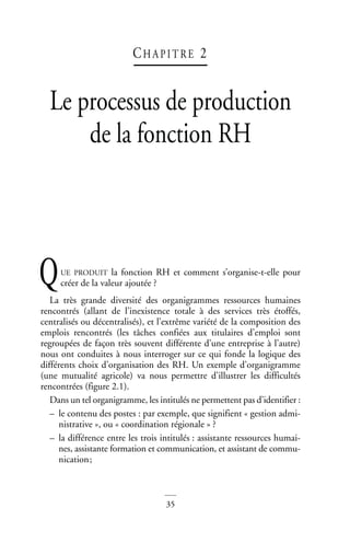35
CH A P I T RE 2
Le processus de production
de la fonction RH
UE PRODUIT la fonction RH et comment s’organise-t-elle pour
créer de la valeur ajoutée ?
La très grande diversité des organigrammes ressources humaines
rencontrés (allant de l’inexistence totale à des services très étoffés,
centralisés ou décentralisés), et l’extrême variété de la composition des
emplois rencontrés (les tâches confiées aux titulaires d’emploi sont
regroupées de façon très souvent différente d’une entreprise à l’autre)
nous ont conduites à nous interroger sur ce qui fonde la logique des
différents choix d’organisation des RH. Un exemple d’organigramme
(une mutualité agricole) va nous permettre d’illustrer les difficultés
rencontrées (figure 2.1).
Dans un tel organigramme, les intitulés ne permettent pas d’identifier :
– le contenu des postes : par exemple, que signifient « gestion admi-
nistrative », ou « coordination régionale » ?
– la différence entre les trois intitulés : assistante ressources humai-
nes, assistante formation et communication, et assistant de commu-
nication;
Q
 