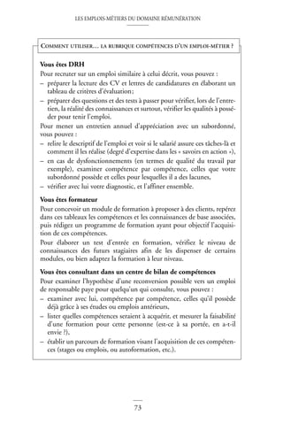 LES EMPLOIS-MÉTIERS DU DOMAINE RÉMUNÉRATION
73
©
Dunod
–
La
photocopie
non
autorisée
est
un
délit
Vous êtes DRH
Pour recruter sur un emploi similaire à celui décrit, vous pouvez :
– préparer la lecture des CV et lettres de candidatures en élaborant un
tableau de critères d’évaluation;
– préparer des questions et des tests à passer pour vérifier, lors de l’entre-
tien, la réalité des connaissances et surtout, vérifier les qualités à possé-
der pour tenir l’emploi.
Pour mener un entretien annuel d’appréciation avec un subordonné,
vous pouvez :
– relire le descriptif de l’emploi et voir si le salarié assure ces tâches-là et
comment il les réalise (degré d’expertise dans les « savoirs en action »),
– en cas de dysfonctionnements (en termes de qualité du travail par
exemple), examiner compétence par compétence, celles que votre
subordonné possède et celles pour lesquelles il a des lacunes,
– vérifier avec lui votre diagnostic, et l’affiner ensemble.
Vous êtes formateur
Pour concevoir un module de formation à proposer à des clients, repérez
dans ces tableaux les compétences et les connaissances de base associées,
puis rédigez un programme de formation ayant pour objectif l’acquisi-
tion de ces compétences.
Pour élaborer un test d’entrée en formation, vérifiez le niveau de
connaissances des futurs stagiaires afin de les dispenser de certains
modules, ou bien adaptez la formation à leur niveau.
Vous êtes consultant dans un centre de bilan de compétences
Pour examiner l’hypothèse d’une reconversion possible vers un emploi
de responsable paye pour quelqu’un qui consulte, vous pouvez :
– examiner avec lui, compétence par compétence, celles qu’il possède
déjà grâce à ses études ou emplois antérieurs,
– lister quelles compétences seraient à acquérir, et mesurer la faisabilité
d’une formation pour cette personne (est-ce à sa portée, en a-t-il
envie ?),
– établir un parcours de formation visant l’acquisition de ces compéten-
ces (stages ou emplois, ou autoformation, etc.).
COMMENT UTILISER… LA RUBRIQUE COMPÉTENCES D’UN EMPLOI-MÉTIER ?
 