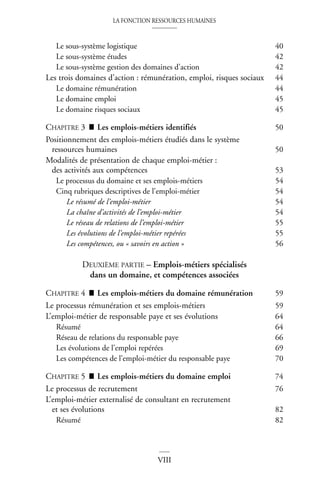 LA FONCTION RESSOURCES HUMAINES
VIII
Le sous-système logistique 40
Le sous-système études 42
Le sous-système gestion des domaines d’action 42
Les trois domaines d’action : rémunération, emploi, risques sociaux 44
Le domaine rémunération 44
Le domaine emploi 45
Le domaine risques sociaux 45
CHAPITRE 3 ■ Les emplois-métiers identifiés 50
Positionnement des emplois-métiers étudiés dans le système
ressources humaines 50
Modalités de présentation de chaque emploi-métier :
des activités aux compétences 53
Le processus du domaine et ses emplois-métiers 54
Cinq rubriques descriptives de l’emploi-métier 54
Le résumé de l’emploi-métier 54
La chaîne d’activités de l’emploi-métier 54
Le réseau de relations de l’emploi-métier 55
Les évolutions de l’emploi-métier repérées 55
Les compétences, ou « savoirs en action » 56
DEUXIÈME PARTIE – Emplois-métiers spécialisés
dans un domaine, et compétences associées
CHAPITRE 4 ■ Les emplois-métiers du domaine rémunération 59
Le processus rémunération et ses emplois-métiers 59
L’emploi-métier de responsable paye et ses évolutions 64
Résumé 64
Réseau de relations du responsable paye 66
Les évolutions de l’emploi repérées 69
Les compétences de l’emploi-métier du responsable paye 70
CHAPITRE 5 ■ Les emplois-métiers du domaine emploi 74
Le processus de recrutement 76
L’emploi-métier externalisé de consultant en recrutement
et ses évolutions 82
Résumé 82
 