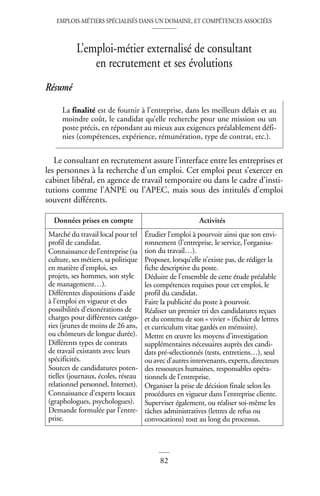 EMPLOIS-MÉTIERS SPÉCIALISÉS DANS UN DOMAINE, ET COMPÉTENCES ASSOCIÉES
82
L’emploi-métier externalisé de consultant
en recrutement et ses évolutions
Résumé
Le consultant en recrutement assure l’interface entre les entreprises et
les personnes à la recherche d’un emploi. Cet emploi peut s’exercer en
cabinet libéral, en agence de travail temporaire ou dans le cadre d’insti-
tutions comme l’ANPE ou l’APEC, mais sous des intitulés d’emploi
souvent différents.
La finalité est de fournir à l’entreprise, dans les meilleurs délais et au
moindre coût, le candidat qu’elle recherche pour une mission ou un
poste précis, en répondant au mieux aux exigences préalablement défi-
nies (compétences, expérience, rémunération, type de contrat, etc.).
Données prises en compte Activités
Marché du travail local pour tel
profil de candidat.
Connaissance de l’entreprise (sa
culture, ses métiers, sa politique
en matière d’emploi, ses
projets, ses hommes, son style
de management…).
Différentes dispositions d’aide
à l’emploi en vigueur et des
possibilités d’exonérations de
charges pour différentes catégo-
ries (jeunes de moins de 26 ans,
ou chômeurs de longue durée).
Différents types de contrats
de travail existants avec leurs
spécificités.
Sources de candidatures poten-
tielles (journaux, écoles, réseau
relationnel personnel, Internet).
Connaissance d’experts locaux
(graphologues, psychologues).
Demande formulée par l’entre-
prise.
Étudier l’emploi à pourvoir ainsi que son envi-
ronnement (l’entreprise, le service, l’organisa-
tion du travail…).
Proposer, lorsqu’elle n’existe pas, de rédiger la
fiche descriptive du poste.
Déduire de l’ensemble de cette étude préalable
les compétences requises pour cet emploi, le
profil du candidat.
Faire la publicité du poste à pourvoir.
Réaliser un premier tri des candidatures reçues
et du contenu de son « vivier » (fichier de lettres
et curriculum vitae gardés en mémoire).
Mettre en œuvre les moyens d’investigation
supplémentaires nécessaires auprès des candi-
dats pré-sélectionnés (tests, entretiens…), seul
ou avec d’autres intervenants, experts, directeurs
des ressources humaines, responsables opéra-
tionnels de l’entreprise.
Organiser la prise de décision finale selon les
procédures en vigueur dans l’entreprise cliente.
Superviser également, ou réaliser soi-même les
tâches administratives (lettres de refus ou
convocations) tout au long du processus.
 
