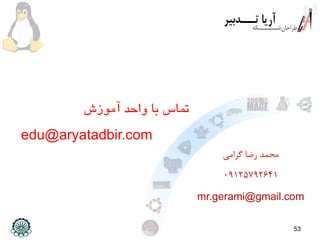 53
edu@aryatadbir.com
‫آموزش‬ ‫واحد‬ ‫با‬ ‫تماس‬
‫گرامی‬ ‫رضا‬ ‫محمد‬
09125792641
mr.gerami@gmail.com
 