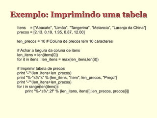 Exemplo: Imprimindo uma tabela
Itens = ["Abacate", "Limão", "Tangerina", "Melancia”, "Laranja da China"]
precos = [2.13, 0.19, 1.95, 0.87, 12.00]
len_precos = 10 # Coluna de precos tem 10 caracteres
# Achar a largura da coluna de itens
len_itens = len(itens[0])
for it in itens : len_itens = max(len_itens,len(it))
# Imprimir tabela de precos
print "-"*(len_itens+len_precos)
print "%-*s%*s" % (len_itens, "Item", len_precos, "Preço”)
print "-"*(len_itens+len_precos)
for i in range(len(itens)):
print "%-*s%*.2f" % (len_itens, itens[i],len_precos, precos[i])
 