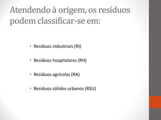Atendendo à origem, os resíduos
podem classificar-se em:

     • Resíduos industriais (RI)

     • Resíduos hospitalares (RH)

     • Resíduos agrícolas (RA)

     • Resíduos sólidos urbanos (RSU)
 