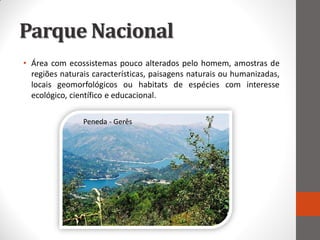 Parque Nacional
• Área com ecossistemas pouco alterados pelo homem, amostras de
  regiões naturais características, paisagens naturais ou humanizadas,
  locais geomorfológicos ou habitats de espécies com interesse
  ecológico, científico e educacional.

                Peneda - Gerês
 